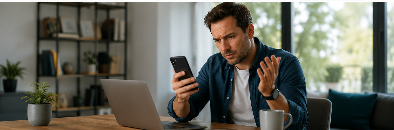 Mann betrachtet nachdenklich sein Smartphone, vor ihm steht ein Laptop.