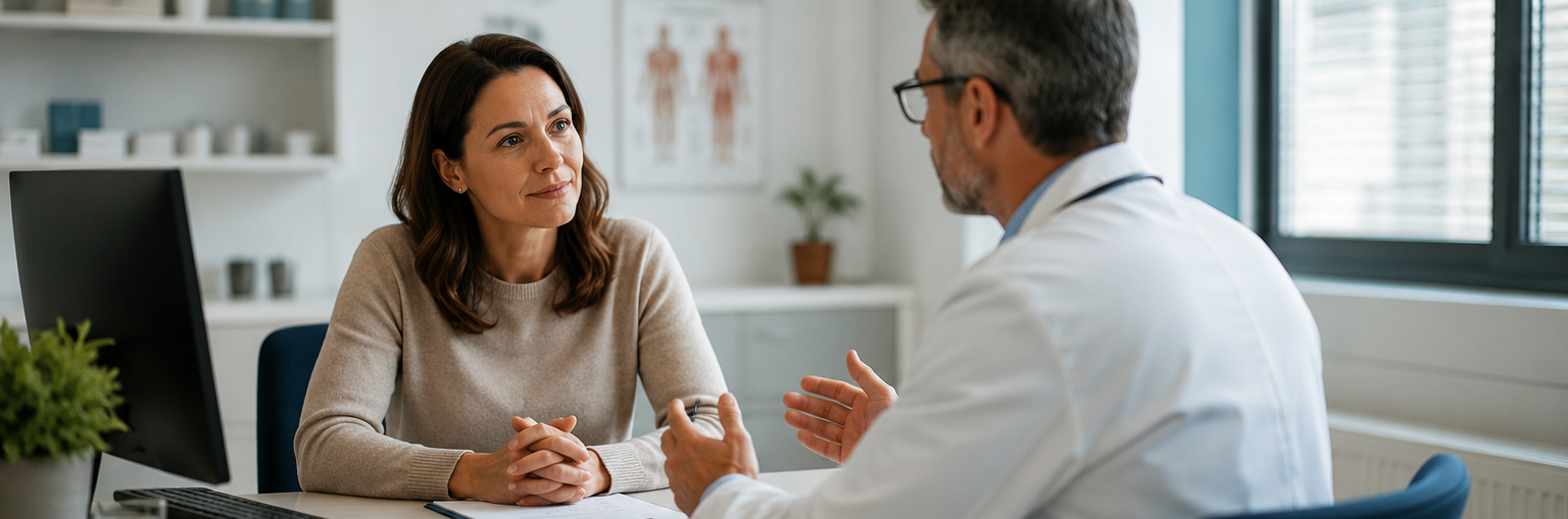 Arzt im persönlichen Gespräch mit einer Patientin in einer Praxis.