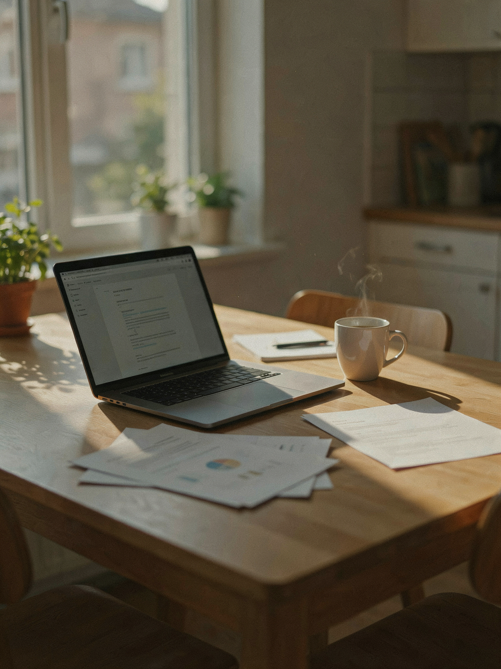 Ruhiger Arbeitsplatz mit Laptop und Unterlagen zum Nachlesen